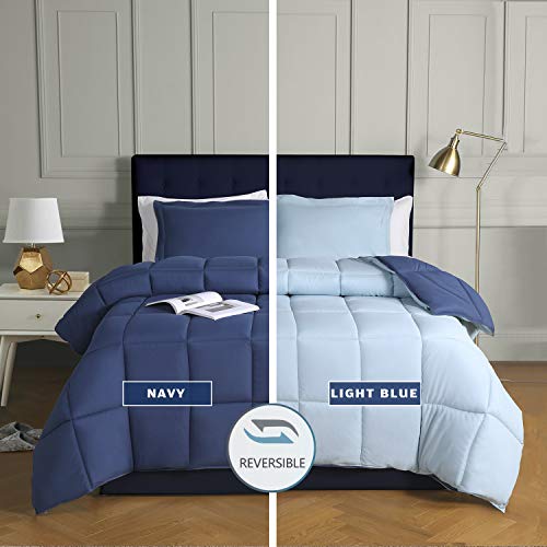 HIG 3 Pieces Navy Blue Coverless Duvet King - 240 x 220cm - Cassette Box Construction - Corner Duvet Tabs - Solid Reversible 10.5 Tog Comforter - 100% Down Alternative & Breathable Bedding