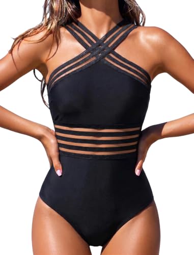 Hilor Women's Tummy Control Bathing Suit Sexy One Piece Swimsuit Flattering Swimwear Black M/US8-10