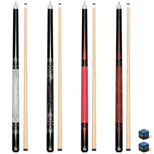Pool Cues Set of 4, 58" 2-Piece Pool Sticks for Adults, 4-Pack Maple Billiard Cue Sticks 18 19 20 21 Oz, 13mm Tip with Chalks, Unwrapped Grip Black+White+Pink+Brown