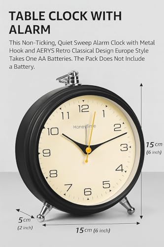 Image of JASIFS Honeytime Metal 13-cm-Long Alarm Clock Wall Clock Table Clock for Study Analog Silent Vintage Clock, Alarm Clock for Heavy Sleepers at Home Office Bedroom-Black