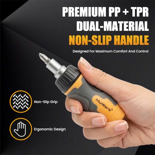 Image of MulWark 7-in-1 Stubby Ratcheting Screwdriver, Small Screwdriver with Magnetic, Multi-bit Stubby Screw driver with S2 Steel Phillips Slotted Torx Bits in Handle, Compact Tool for Tight Spaces