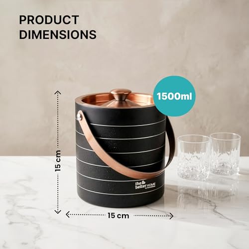 Image of The Better Home Stainless Steel Ice Bucket with Lid & Tong 1500ml | Double Wall Insulated Ice Bucket for Bar, Parties & Cocktails - Matte Black & Rose Gold