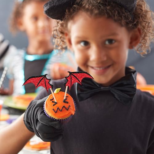 Zhuoweism ZWA1867-RED 24 Pcs Halloween Bat Cupcake Toppers Glitter Vampire Bat Wings Cupcake Picks Halloween Cupcake Topper thumb #6