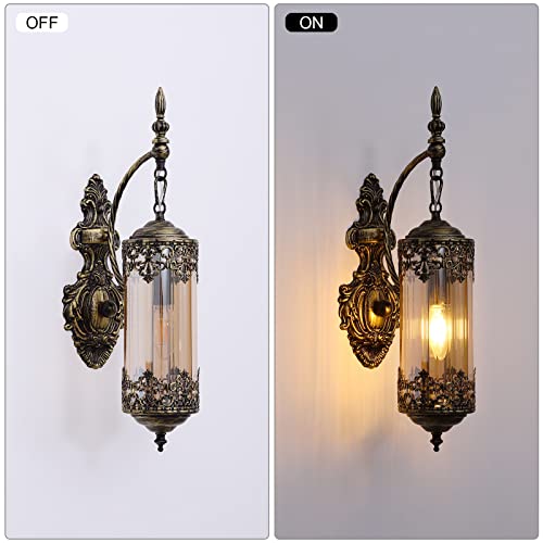 Image of Vintage Wall Sconce with Amber Glass, Rustic Black Brushed Gold Farmhouse Wall Light Fixture, Antique Gothic Decorative Metal Wall Lamp for Hallway, Bedroom, Living Room, Entryway