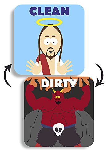 BeAwesome Clean Dirty Dishwasher Sign Indicator - Double Sided Clean Dirty Dishwasher Magnet - Kitchen Magnet for Dish Washer - Cute Universal Double Sided Flip (Jesus and Satana)
