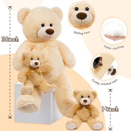 Image of MorisMos Giant Teddy Bears with Babies, 36inch Large Mommy Bear with 2 Babies Stuffed Animals for Baby Shower, Big Bear Plush