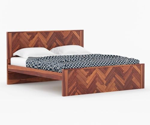 Image of Sheesham Wood Queen Size Bed Without Storage | Wooden Bed Queen Size Double Cot Palang Bed for Bedroom | Zigzag Design Headboard Bed for Living Room | Honey Finish