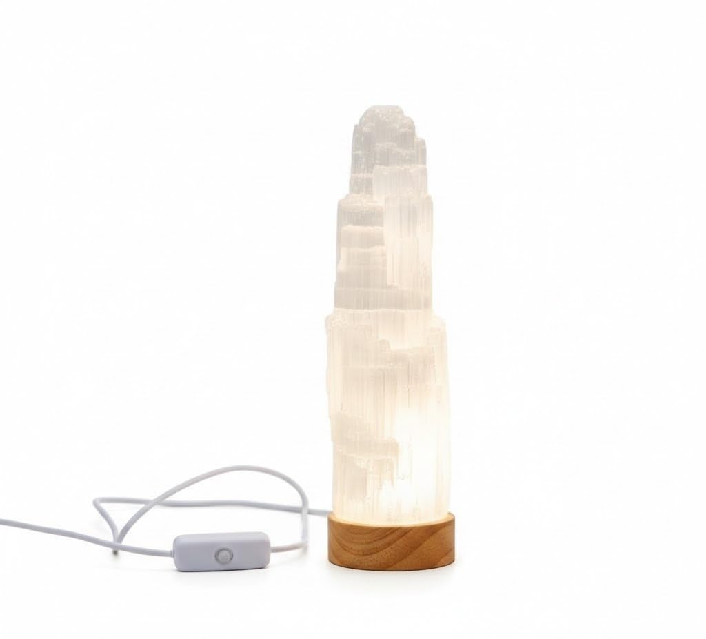HEIMTEX Selenitkristalllampe – weiße USB-LED-Selenitlampe in 3 Größen - 30cm natürlich geformter Selenit stein kristallturm für metaphysische Reinigung, Heilung, Meditation und Heimdekoration