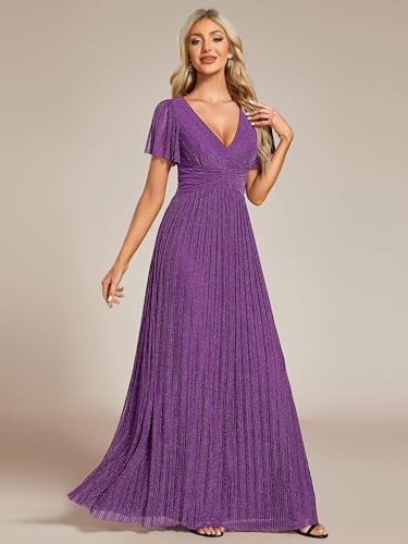 Image of Ever-Pretty Women's V-Neck Glitter Formal Dresses Pleated Short Sleeves Floor Length A-Line Mother of Bride Dress 11961