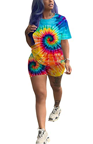 Women's 2 Piece Tie Dye Short Set Sports Outfits Stripe Rainbow Floral T-Shirts Bodycon Shorts Casual Romper,Multi,M