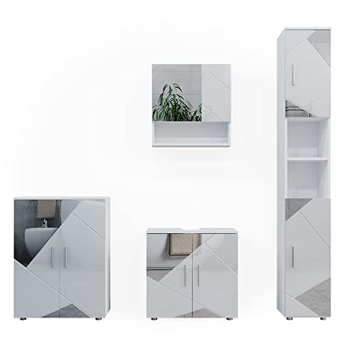 Vicco Meubles Bain Irma, Blanc Brillant avec Inserts, 4 pièces, avec Armoire Haute et Commode