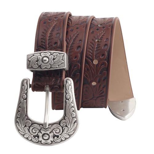 Western Belt for Women Vintage Cowboy Belts For Pants Jeans Country Belt with Floral Carved Design