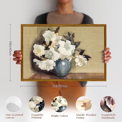 crmotu Framed Canvas Wall Art, Still Life Floral Vintage Art Prints, Classical White Flowers Botanical Decor Artwork, Retro Azalea Pictures Wall Decor Living Room Bedroom Kitchen Office 16x24in