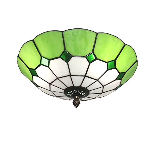 Skyweel 12 inch Vintage Tiffany Style Glass Flush Mount Ceiling Lighting Fixtures Retro Rural Pastoral Classical Lamp LED Chandelier Semi Flush Mount Lights Lamps (12 Inch Green)
