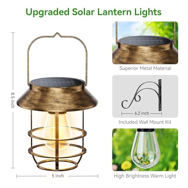 Solar Lanterns Outdoor Waterproof, High Brightness Hanging Solar Lights for Outside with Wall Hooks, Retro Metal Outdoor Lanterns Auto On/Off for Porch, Patio, Yard Decor 2 Pack