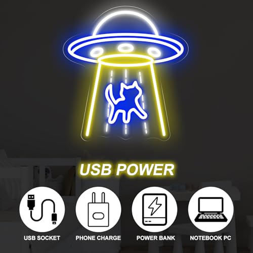 Image of UFO Neon Sign, UFO Cat Led Sign, Neon Led Wall Art, Game Room Neon Sign, Custom Neon Signs, Flying Saucer Bedroom Decor, Gift for Kids, 14 inchx13 inch
