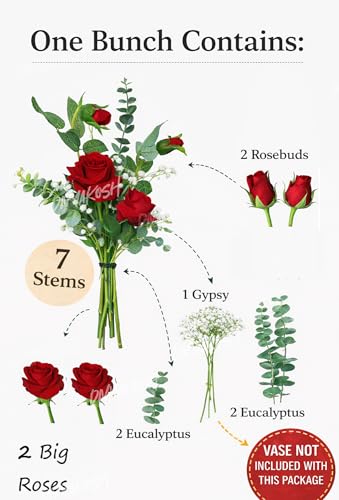 Image of Divyakosh Artificial Flowers for Home Decoration, Flora for Decor | Artificial Red Rose Flowers Bunch for Vase, Decorative Floral Arrangement- Eucalyptus & Gypsy | Home, Living Room & Festive Decor |