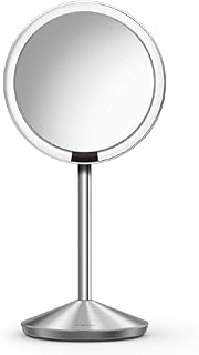 simplehuman Sensor Mirror, 5" Round Rechargeable Mini Travel Makeup Mirror, 10x Magnification, Brushed Stainless Steel