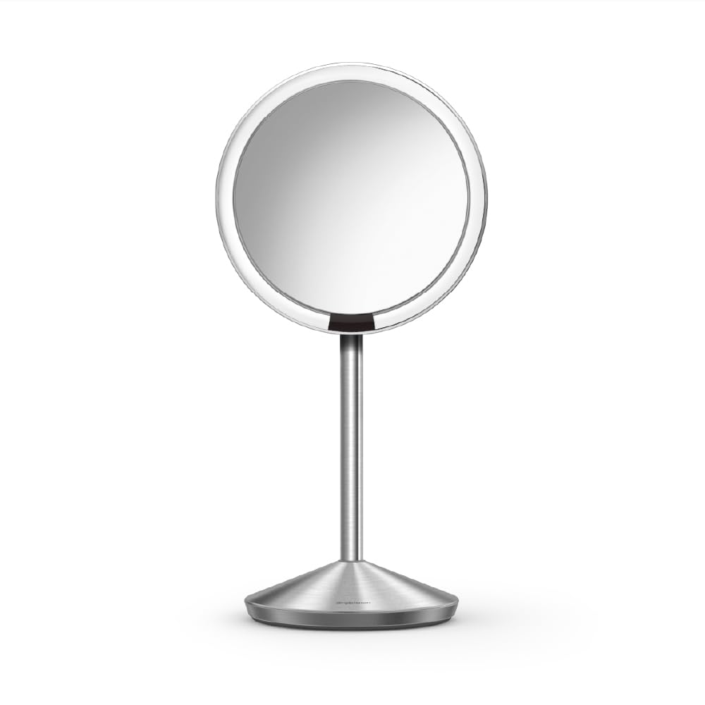 simplehuman Sensor Mirror, 5" Round Rechargeable Mini Travel Makeup Mirror, 10x Magnification, Brushed Stainless Steel