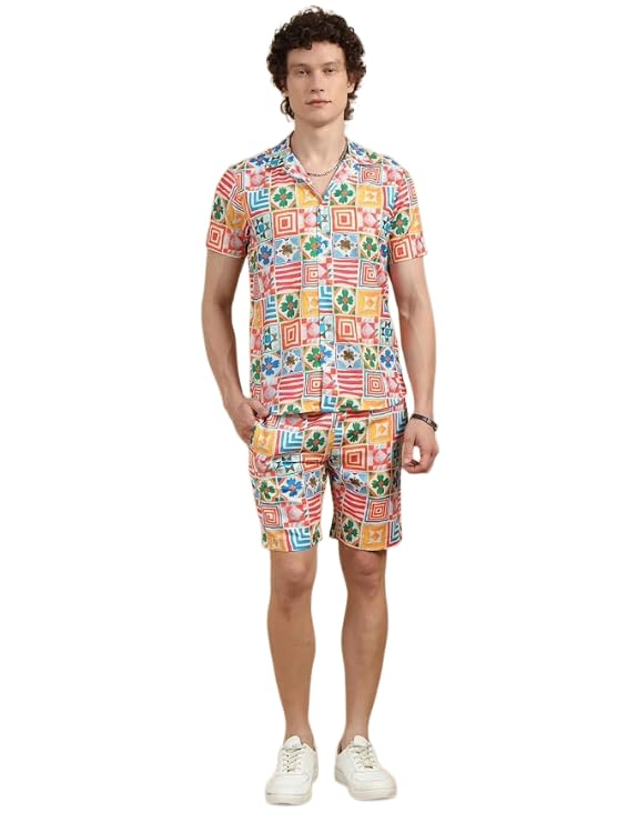 bushirt Men’s Casual Co-Ords Set Half-Sleeve Rayon Printed with Lapel Collar & Comfortable Shorts - Regular Western Style Night Suit Ivory-M-picture-42