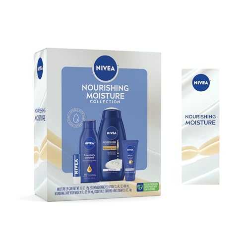 NIVEA Skin Care Set For Her, Nourishing Body Wash, Moisturizing Body Lotion, Lip Balm Stick with Shea Butter, & Multi Purpose Face, Body & Foot Cream, 4 Piece Gift Set
