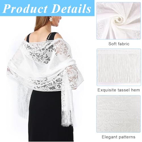 Image of SANNIDHI Lace Scarf Shawl with Tassel, Sheer Soft Mesh Fringe Wraps White Floral Long Shawl for Female Evening Party Dresses (180x65cm)