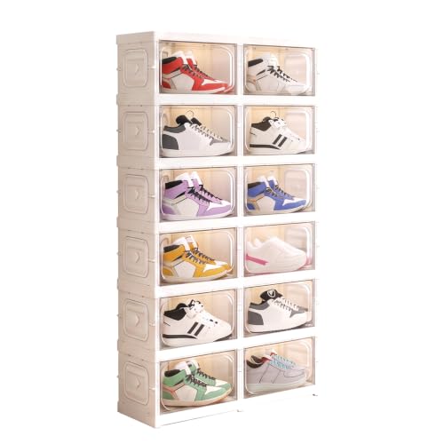 Image of House of Quirk 6-Layer 12-Box Folding Shoe Rack, Space-Saving Shoe Organizer, Foldable Plastic Shoe Cabinet for Home, Bedroom & Bathroom (White)