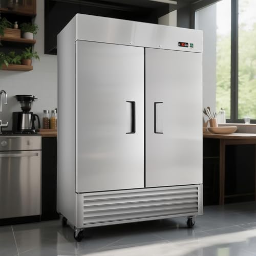 Image of 54 inch W Commercial Upright Freezer with Double-Door: 49 Cubic Feet Storage, Adjustable Shelving, Automatic Defrosting, Precision Digital Thermostat, LED Lights, Safety Locks