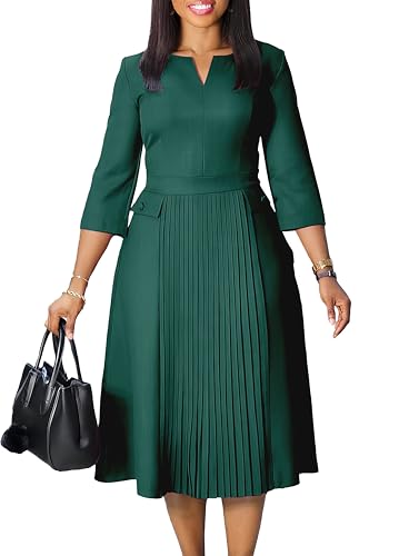 Work Midi Dress for Women 3/4 Sleeve Vintage Ruffle A-line Pleated Dress Elegant Church Dress V Neck Business Casual Outfits Dark Green