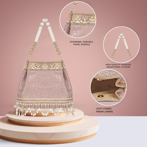 Image of Nevis PU Silk Fabric Women's Embellished Potli Bag with Pearl Handle & Fringe Detailing | Designe Wedding & Festive Handbag