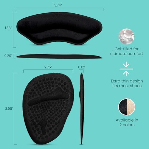 Image of Walkize Metatarsal Pads & Anti Slip Heel Pads for Women & Men | Ball of Foot Cushions & Heel Grips | Shoe Inserts for Pain Relief, Blister Prevention & Comfort (1 Pair Each, Black)