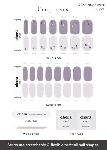Image of ohora Semi Cured Gel Nail Strips (N Dancing Flower) - White Works with Any UV /LED Lamps, Salon-Quality, Long Lasting, Easy to Apply & Remove - Includes 2 Prep Pads, Nail File & Wooden Stick