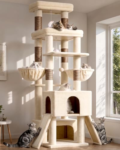 Image of Globlazer Heavy Duty Cat Tree 78 inch Sturdy Cat Tower for 20lbs Large Adult Cats, Symmetrical Aesthetic Big Cat Tree with Extra Large Platform, 2 Scratching Boards, Z78, Beige