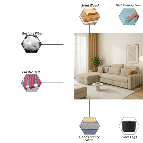 Image of Casaliving Gagnon LHS 4 Seater L Shape Corner Sofa Cum Bed for Living Room (Cream Fabric) Premium Fabric Sofa Cum Bed