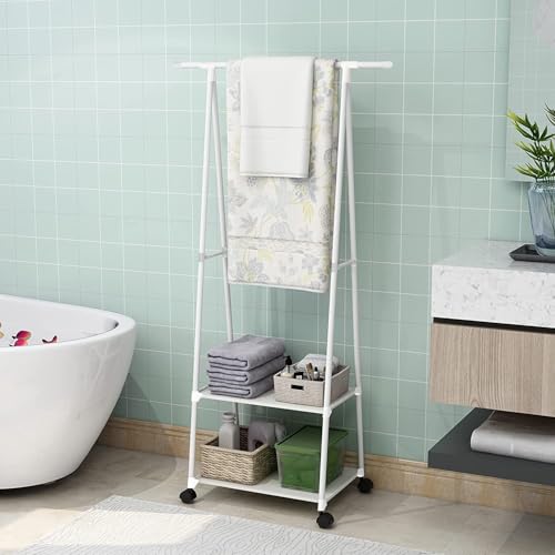 Image of Lukzer A-Shape Metal Garment Rack with 2 Bottom Shelves, Portable Closet Organizer for Bedroom, Clothes Hanging Stand for Living Room, White - 160x55x42cm, MGR-010