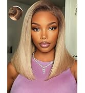 KLAIYI Pre Everything Ombre Blonde Bob Straight Wig Human Hair Precut 13x4 Lace Front Wig with Br...