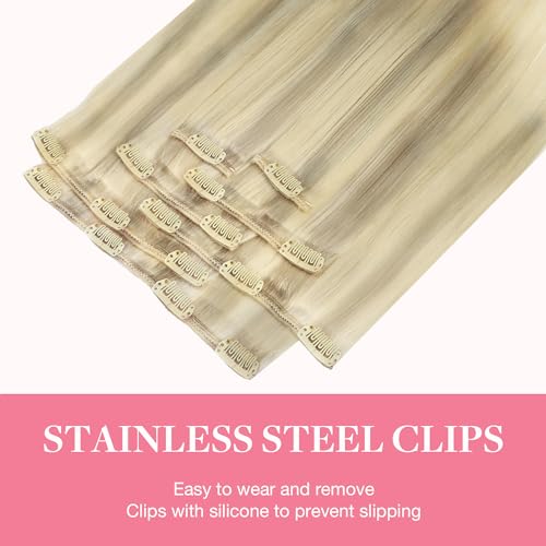 GOO GOO Clip in Hair Extensions Real Human Hair, Remy Human Hair Extensions Clip ins for Women, Natural Human Hair, 16inch 120g 7Pcs, 17/22/60 Balayage Ash Blonde and Platinum Blonde