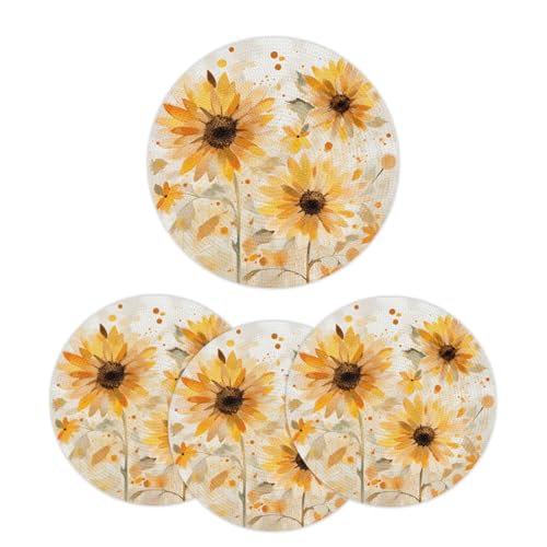 Mintoprints Juego de 4 manteles individuales redondos trenzados con diseño de girasoles amarillos, manteles individuales lavables para mesa de comedor de cocina de 38 cm
