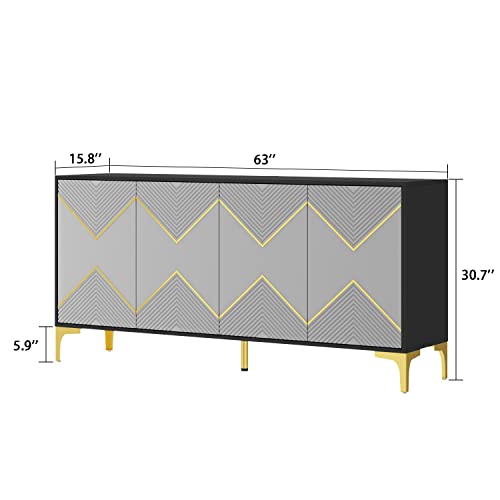 Ecacad Modern Sideboard Buffet Storage Cabinet With Pattern Doors & Shelves, Kitchen Cupboard Console Cabinet With Metal Legs For Living Room, Entryway, Black & Grey (63”L X 15.8”W X 30.7”H) #TOP1