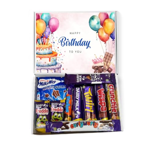 QLV Happy Birthday Chocolate Gift Box. Letterbox Friendly Gift Hamper. Birthday Gifts For Women, Kids Gifts And Gifts For Men. 10 full Size Milk Chocolate Bars In A Chocolate Selection Box.