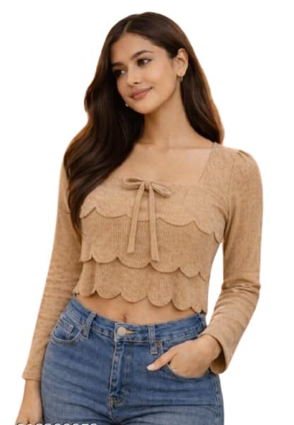 Women's Beige Crop Top, Long Sleeve, Square Neck, Scalloped Layered Detail with Tie Front-image-11