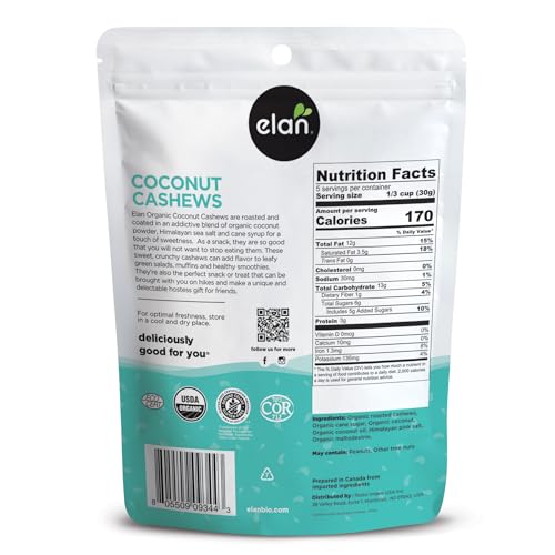 Image of Elan Organic Coconut Cashews, 5.6 oz, Non-GMO, Gluten-Free, Vegan, Kosher, Glazed Nuts (Roasted Cashews, Coconut Milk Powder, Himalayan Pink Salt), Superfood Infused Nuts, 8 pack of 5.6 oz