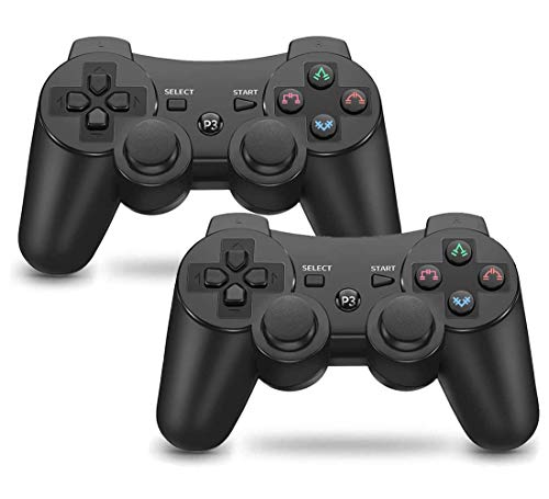 Mando PS3 inalámbrico Bluetooth Gamepad Doble Vibración Six-Axis Mando a Distancia Joystick para Playstation 3 con Cable USB (2 negros)