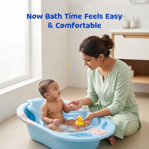 Image of BUMTUM Baby Bathtub & Anti Slip Baby Plastic Bath Chair | Bathtub with Drain Plug, Baby Bath Seat /Sling with Non Slip Suction Base for Babies, Infant & Toddlers(Blue)