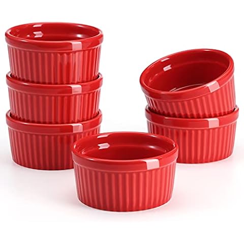 Yedio Ramekins, 4 Ounces Porcelain Souffle Dishes Set for Baking Christmas, Souffle Ramekins for Desert, Pudding. Set of 6, Red, Oven Safe Cover