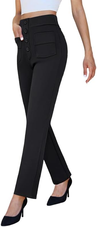 keriffe High Waist Stretchy Womens Dress Pants with Pockets Straight Leg Business Casual Work Trousers Office Slacks