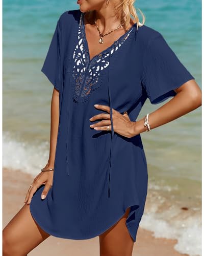 SimpleFun Womens Swimsuit Coverup Lace Crochet V Neck Bathing Suit