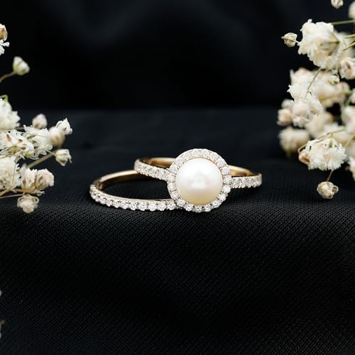 Real Pearl Halo Wedding Ring Set, 8 MM Freshwater Pearl, Bridal Set with Matching Band3