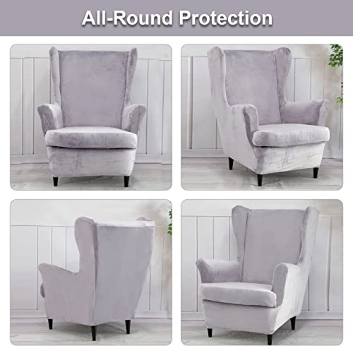 Wing Back Slipcover Velvet Chair Cover,Plush Chair Covers Armchair,Furniture Covers Protector for Living Room Bedroom Decoration (Velvet Light Gray) - Image 3