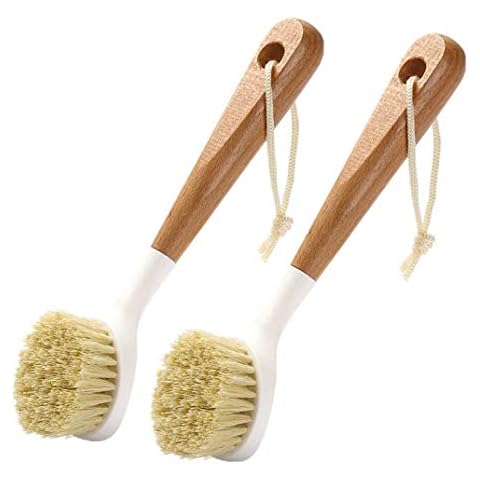 Dish Brush 2 pieces Bristles Dish Scrubber Long Wooden Handle Dishwashing Brush with Hanging Rope for Skillet Pan Kitchen Sink Bathroom Household Cleaning Cover